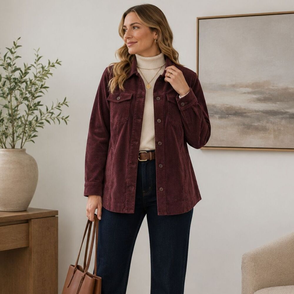Croft & Barrow Corduroy Shacket Women 1X Burgundy Button Front Fall Jacket